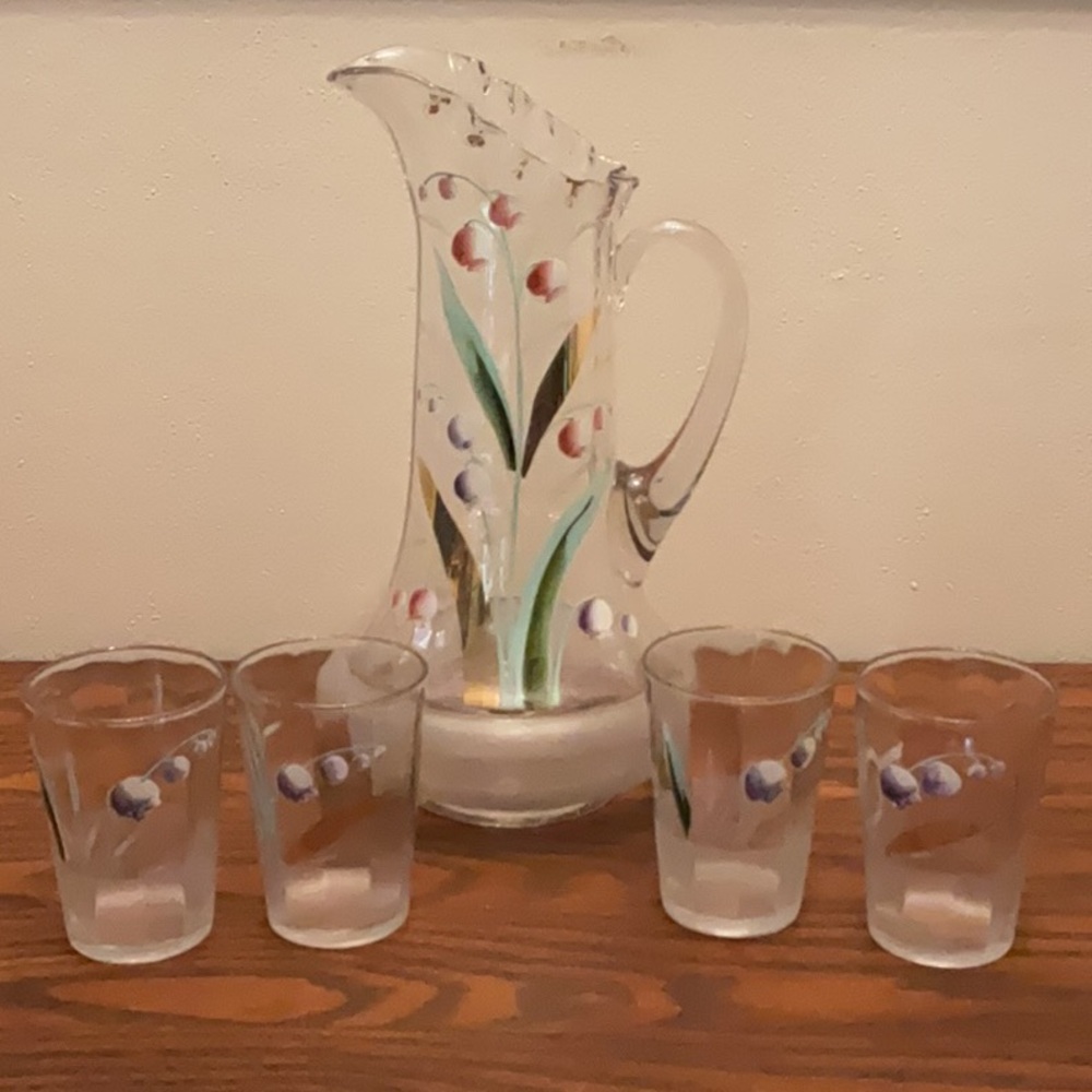 Hand-Painted Glass Pitcher and Tumbler Set